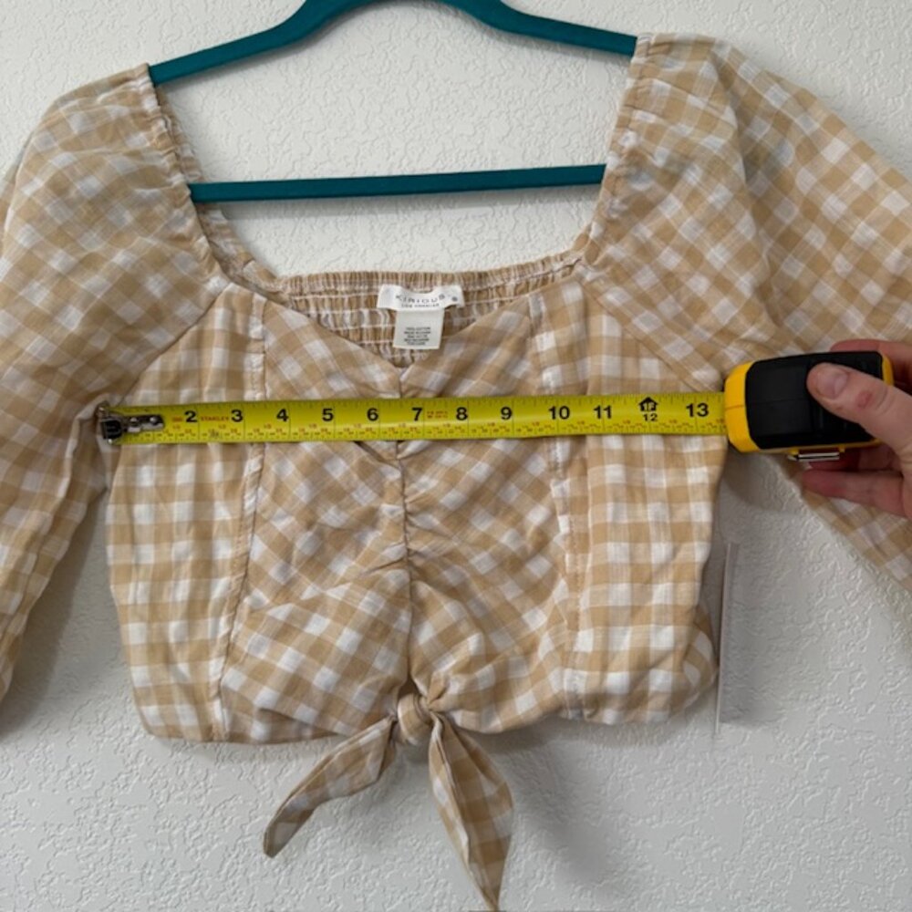 Kirious Gingham Crop Top Women Small Tan White Tie Front Smocked Puff Sleeve - Picture 2 of 7